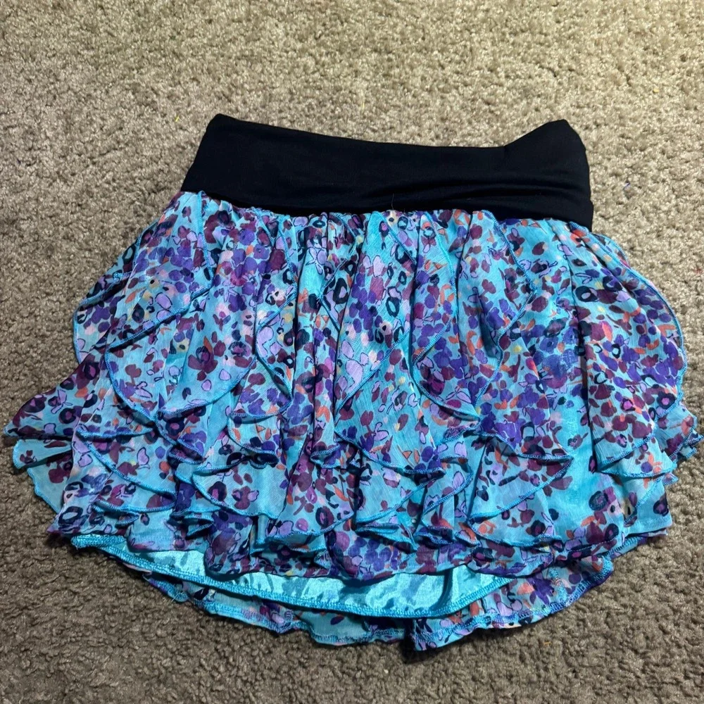 Rachael & Chloe Y2K Tiered Ruffle Mini Skirt Blue Purple Floral Leopard Junior L